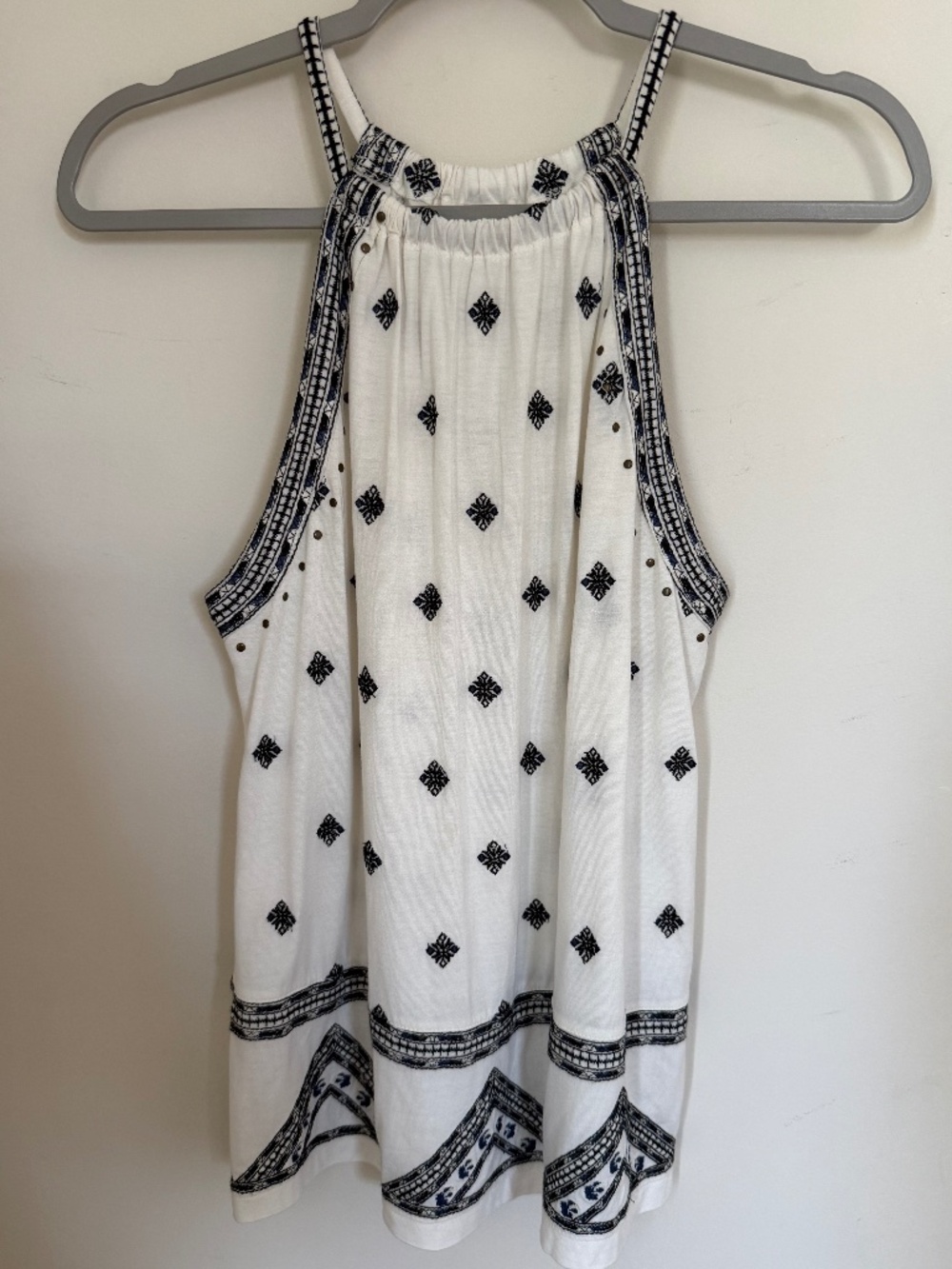 Anthropologie Ivory Navy Embroidered Boho Halter Tank Top Studded Size XS
